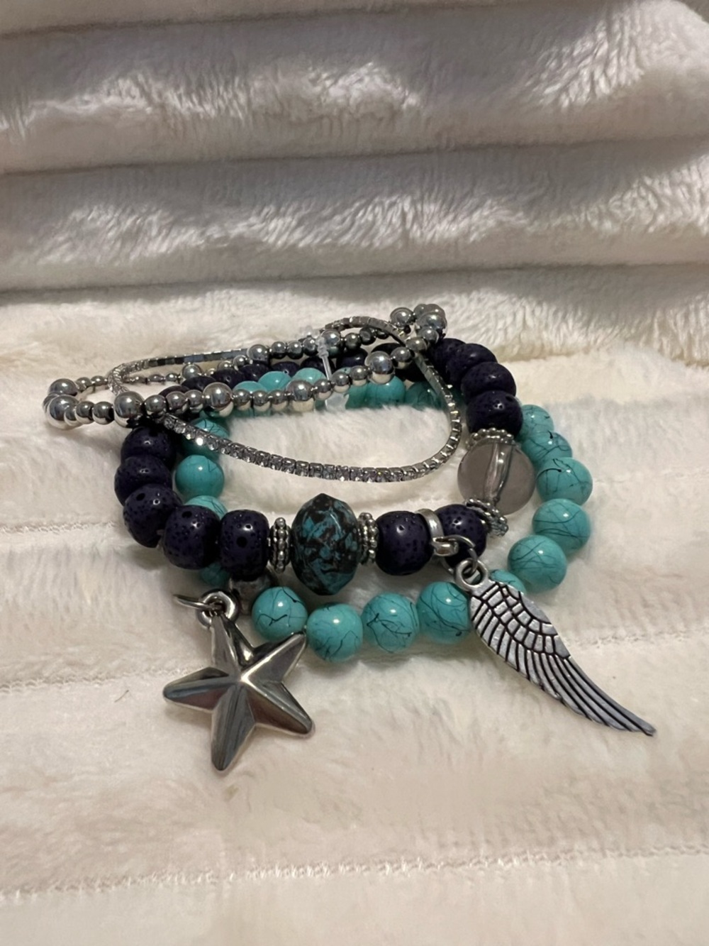 Stackable Turquoise & Navy Beaded 4 Piece Bracelet Set with Silver Star Accent - Picture 6 of 6